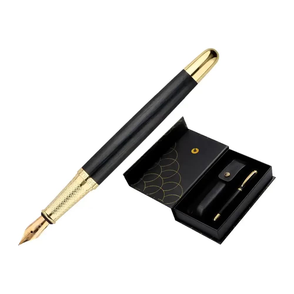 Belius Pluma y estuche cuero belius passion dor aluminio textura cepillada color negro y dorado tinta azul caja diseño