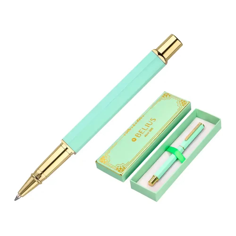 Belius Boligrafo belius macaron bliss forma hexagonal color verde dorado tinta azul caja de diseño