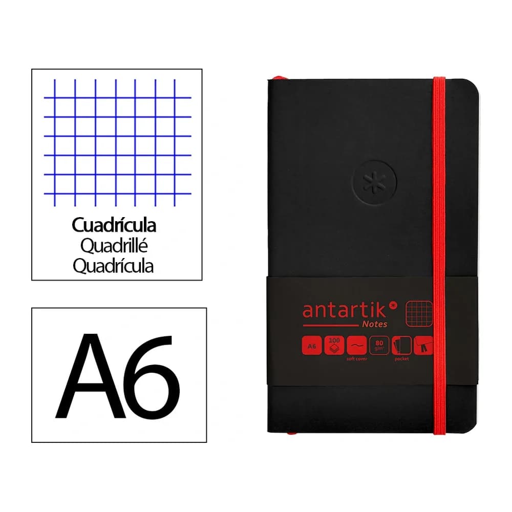 Antartik Cuaderno con gomilla antartik notes tapa blanda a6 cuadricula y rojo 100 hojas 80 gr fsc