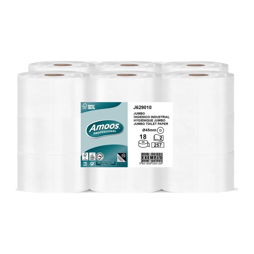 Amoos Papel higienico amoos jumbo industrial 2 capas 30g/m2 paquete de 18 rollos