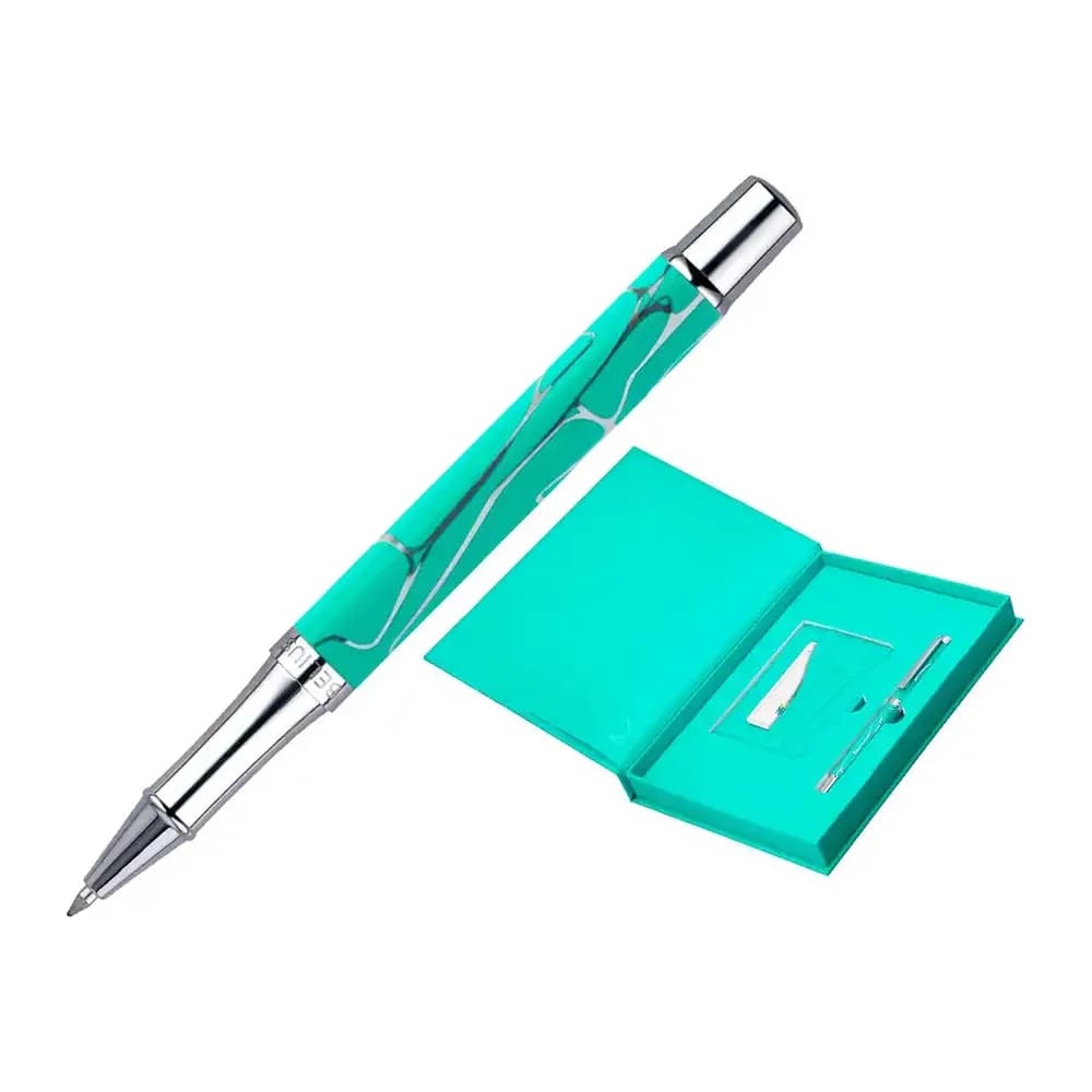 Belius Boligrafo y wallet belius cocktails mojito aluminio verde plateado relieve tinta color azul caja de diseño