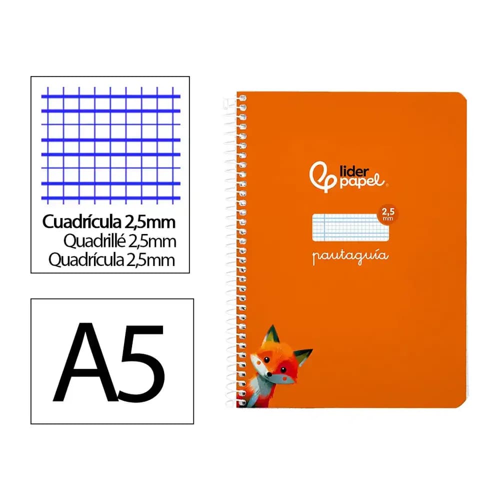 Liderpapel Cuaderno espiral liderpapel a5 pautaguia tapa blanda 40h 75gr cuadro pautado 2,5mm color naranja