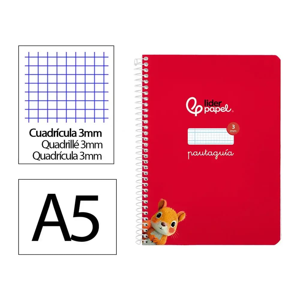 Liderpapel Cuaderno espiral liderpapel a5 pautaguia tapa blanda 40h 75gr cuadro pautado 3mm color rojo