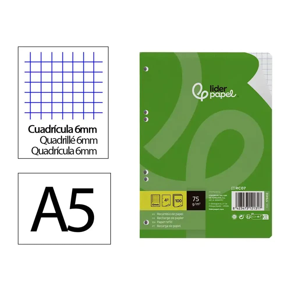 Liderpapel Recambio liderpapel a5 100 hojas 75gr cuadro 6mm con margen 6 taladros