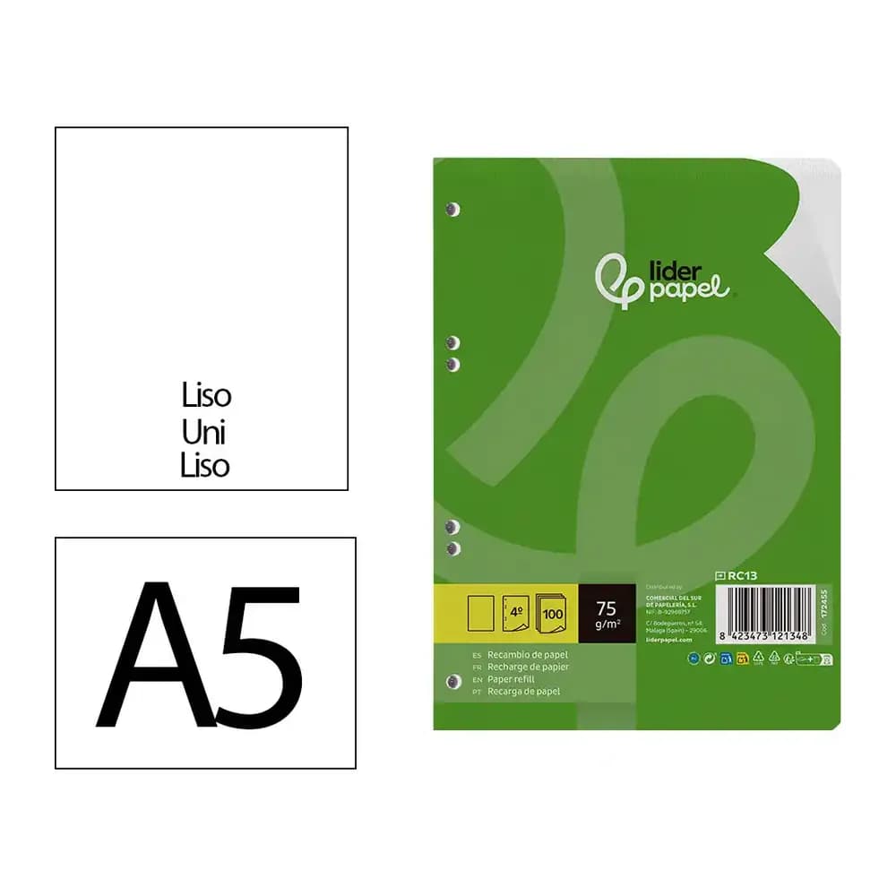 Liderpapel Recambio liderpapel din a5 100 hojas 75 gr liso sin margen 6 taladros