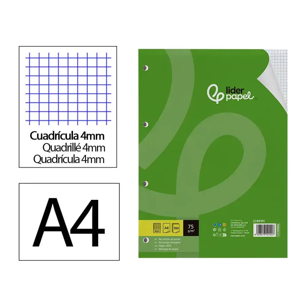 Liderpapel Recambio liderpapel a4 100 hojas 75gr cuadro 4mm con margen 4 taladros