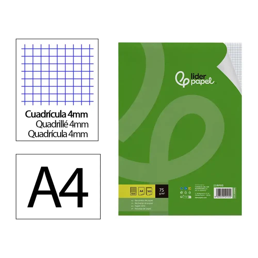 Liderpapel Recambio liderpapel a4 100 hojas 75gr cuadro 4mm con margen sin taladros