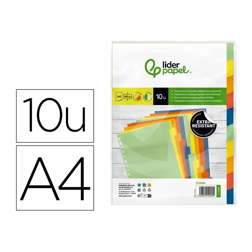 Liderpapel Separador liderpapel polipropileno juego de 10 separadores a4 multitaladro 500 micras