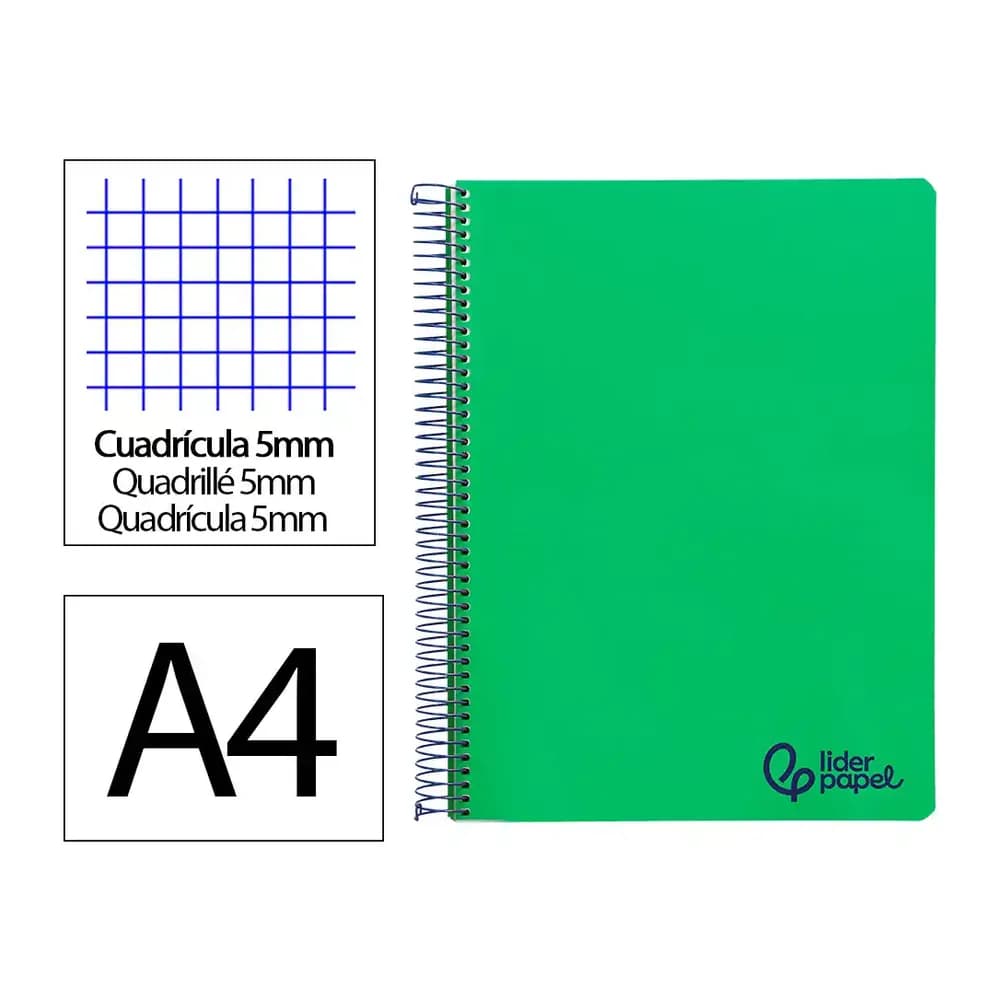 Liderpapel Cuaderno espiral liderpapel a4 micro wonder tapa plastico 120h 90gr cuadro 5mm 5 bandas 4 taladros color verde oscuro