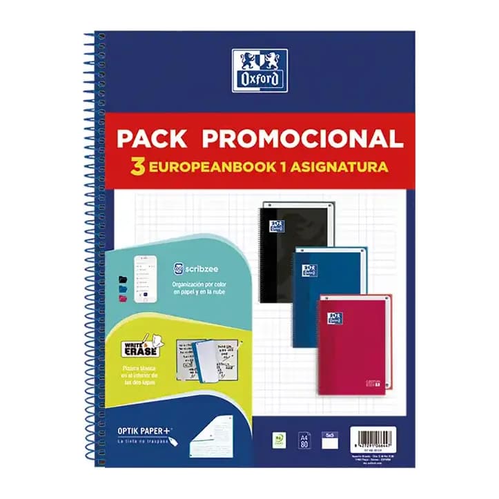 Oxford Cuaderno espiral oxford ebook 1 school tapa extradura din a4+ 80h cuadro 5 mm pack de 3 unidades colores surtidos