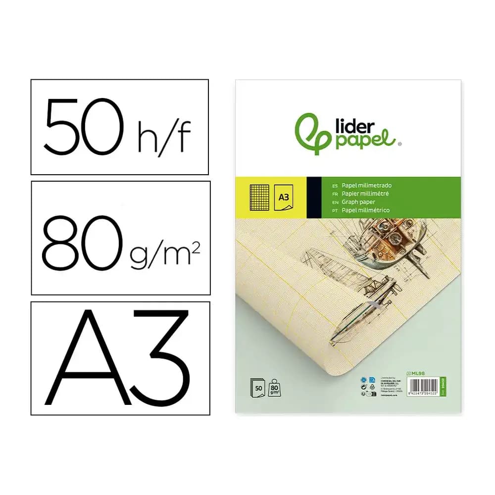 Liderpapel Bloc papel milimetrado liderpapel encolado 297x420 mm 50 hojas 80g/m2