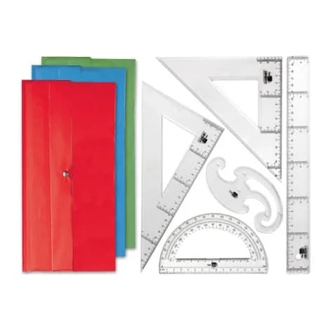 Liderpapel Juego escuadra y cartabon 25cm regla 30cm semicirculo 15cm y plantilla de curvas liderpapelen petaca opaca color verde