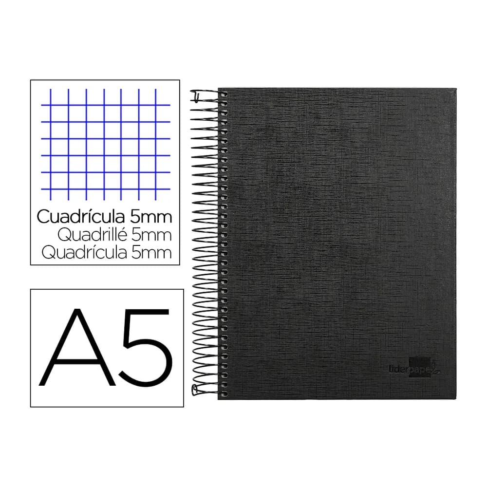 Liderpapel Cuaderno espiral liderpapel a5 micro papercoat tapa forrada 140h 75gr cuadro5mm 5 banda s 6 taladros negro
