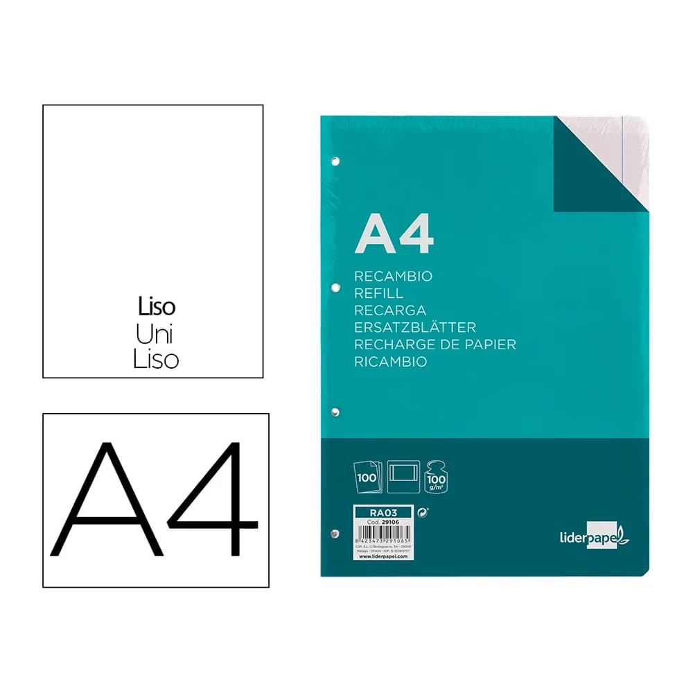 Liderpapel Recambio liderpapel a4 100 hojas 100gr liso 4 taladros doble margen