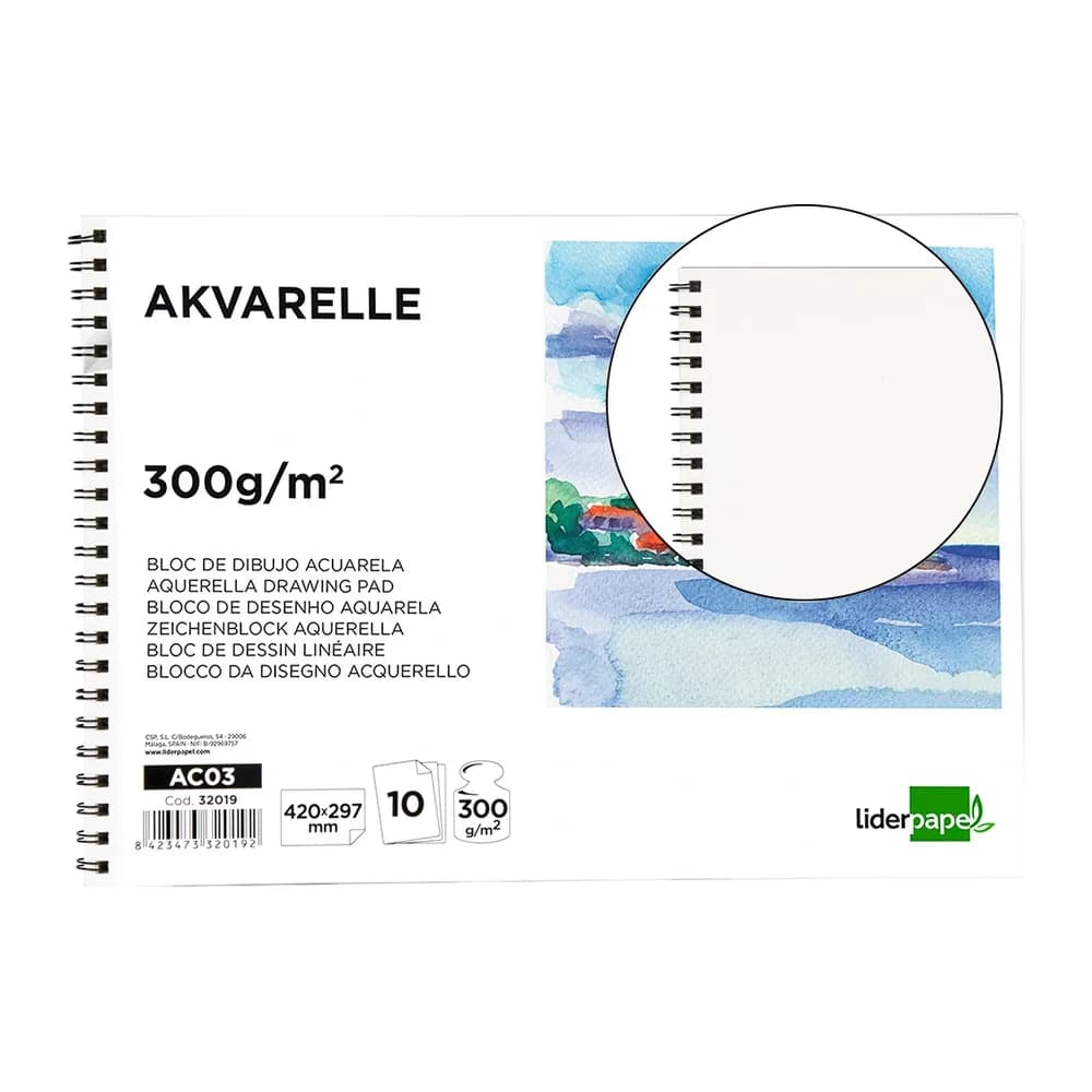 Liderpapel Bloc dibujo liderpapel acuarela espiral 297x420mm 10 hojas 300g/m2 sin recuadro