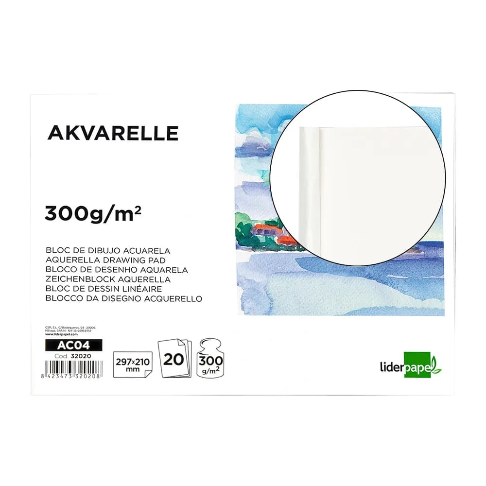 Liderpapel Bloc dibujo liderpapel acuarela encolado 210x297mm 20 hojas 300g/m2 sin recuadro