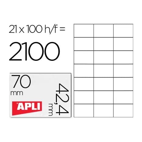 Apli Etiqueta adhesiva apli 1276 tamaño 70x42,4 mm para fotocopiadora laser ink-jet caja con 100 hojas din a4