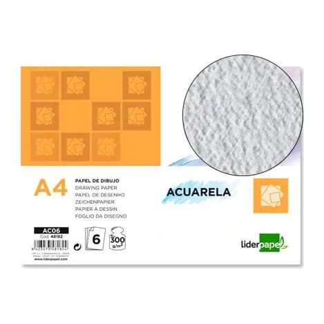 Liderpapel Papel dibujo liderpapel 210x297mm 300g/m2 acuarela pack de 6 hojas