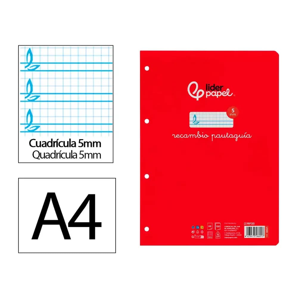 Liderpapel Recambio liderpapel a4 pautaguia 100 hojas 75gr cuadriculado pautado 5mm con margen 4 taladros