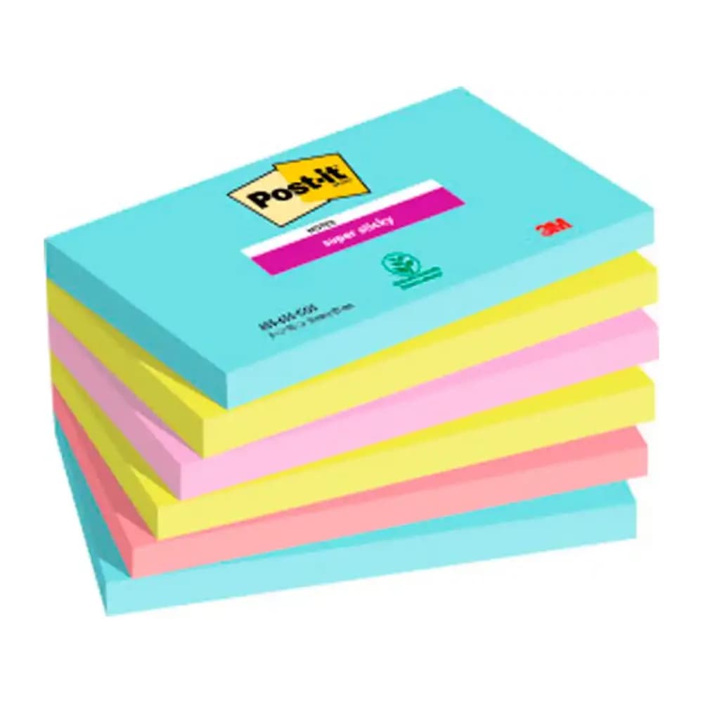 Post-it Bloc de notas adhesivas quita y pon post-it super sticky 76x127 mm con 90 hojas pack de 6 unidades colores miami