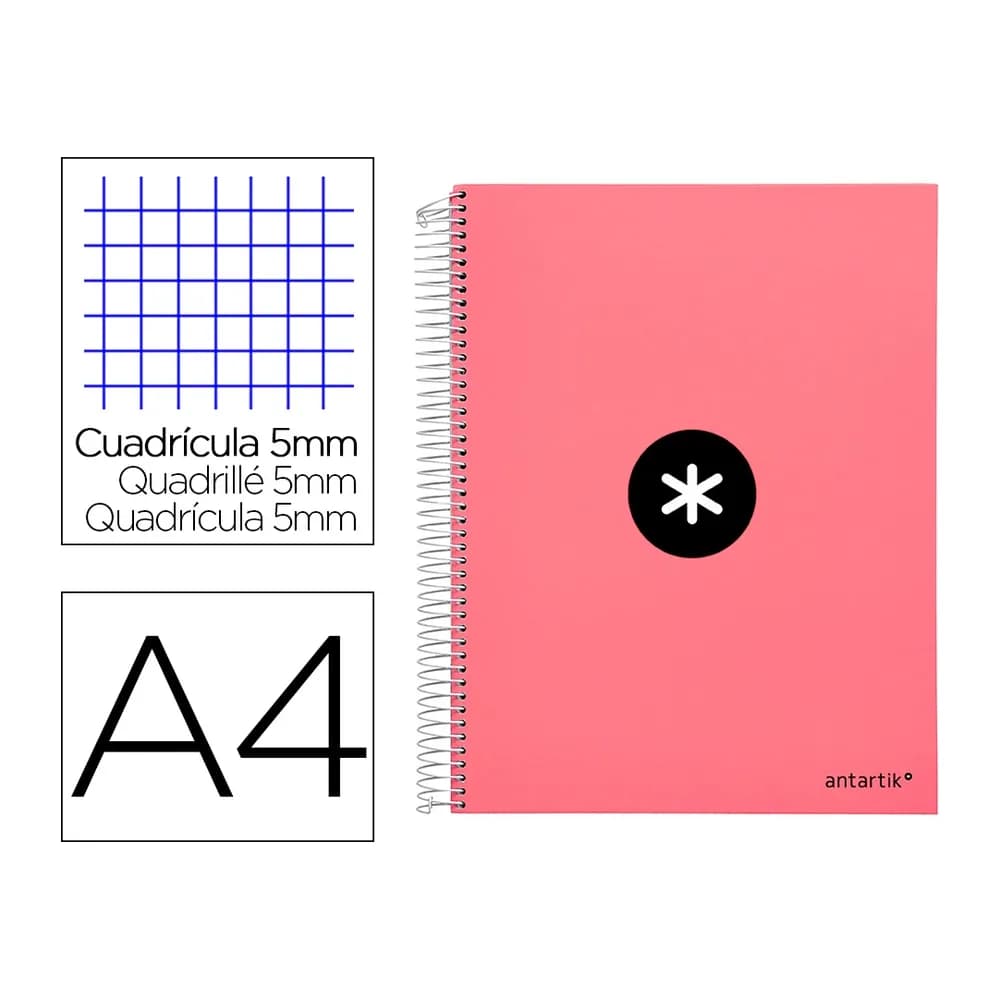 Antartik Cuaderno espiral a4 micro antartik tapa forrada 120h 90 gr cuadro 5mm 5 bandas 4 taladros color coral