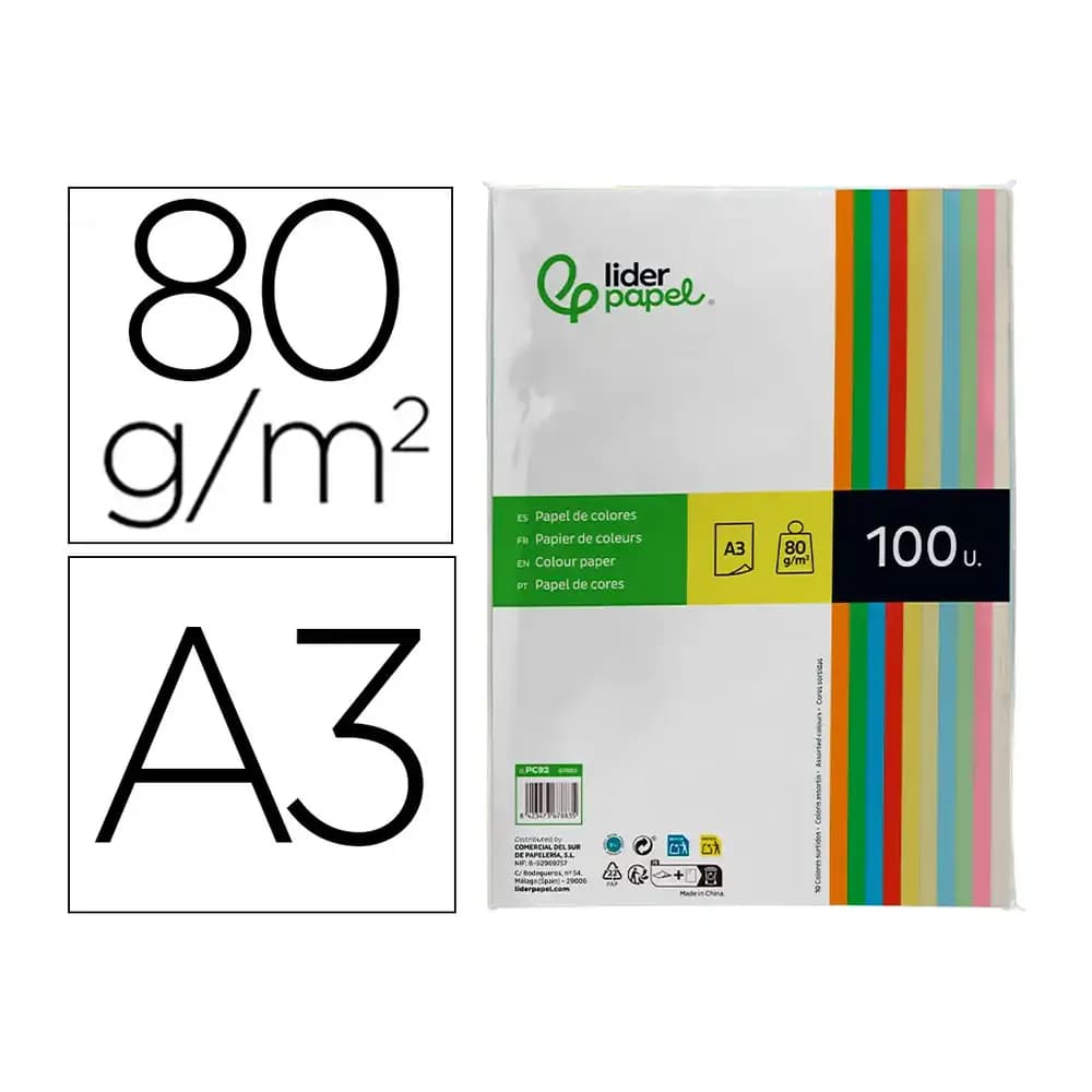 Liderpapel Papel color liderpapel a3 80gr 10 colores surtidos paquete 100 hojas