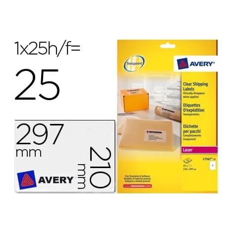 Avery Etiqueta adhesivas resistente avery transparente 210x297 mm caja de 25 unidades