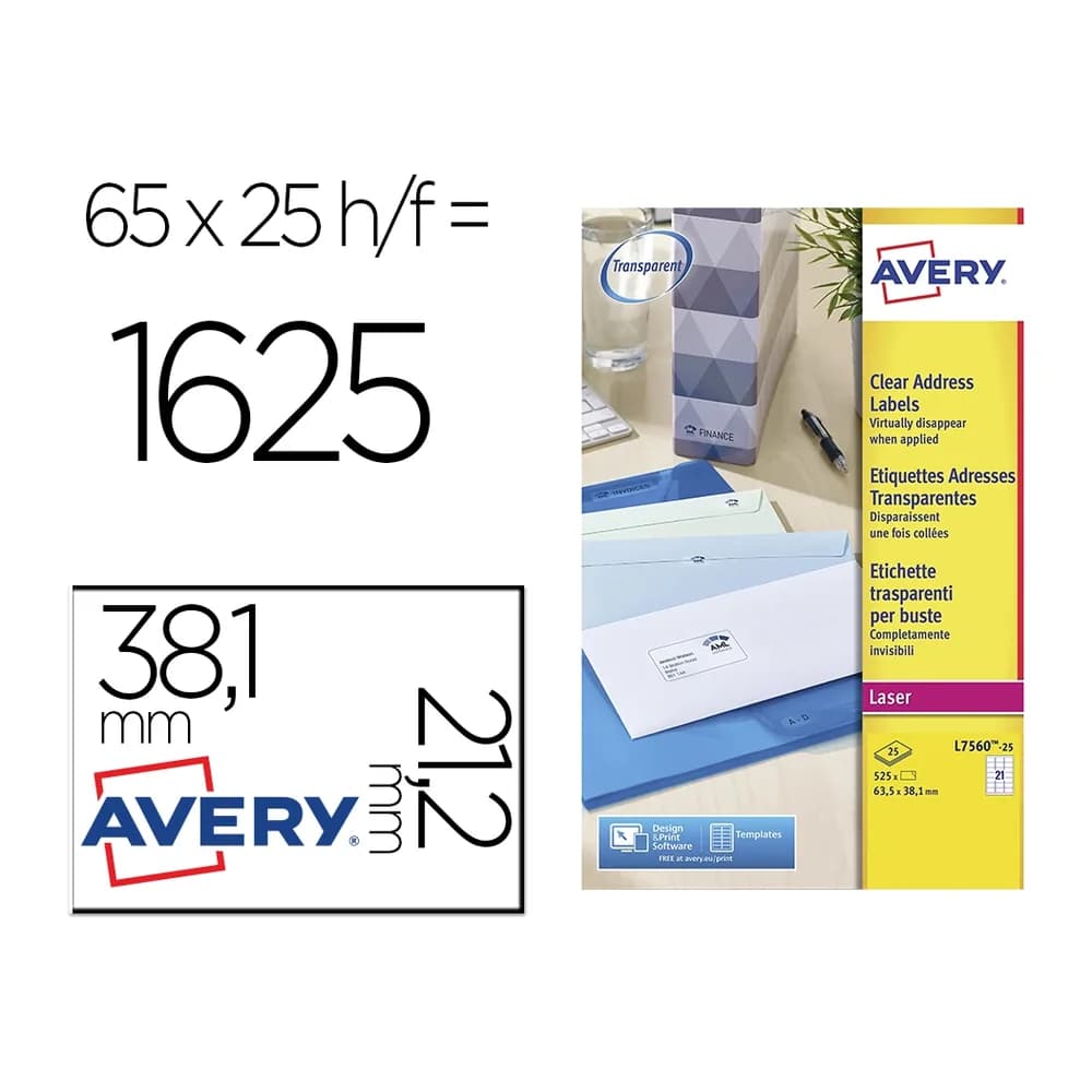 Avery Etiqueta adhesivas resistente avery transparente 38,1x21,2 mm caja de 1625 unidades