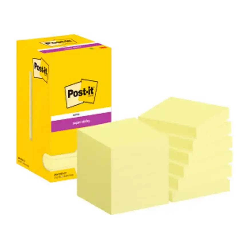 Post-it Bloc de notas adhesivas quita y pon post-it super sticky 76x76 mm con 12 bloc amarillo canario