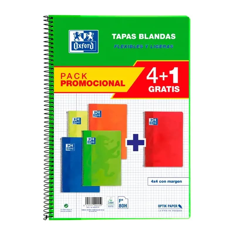 Oxford Bloc espiral oxford tapa blanda folio 80 hojas 90gr cuadro 4 mm colores vivos pack de 4+1
