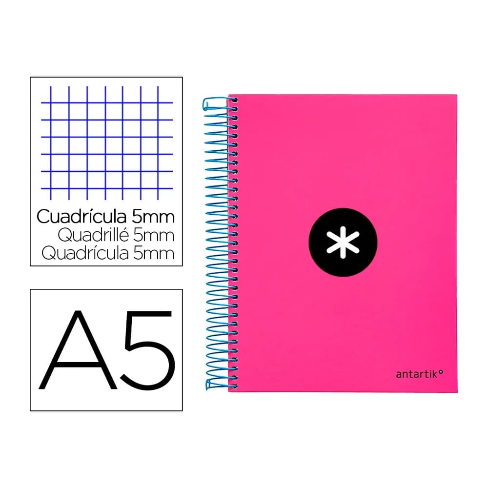 Antartik Cuaderno espiral a5 micro antartik tapa forrada 120h 90 gr cuadro 5mm 5 banda s 6 taladros color rosa
