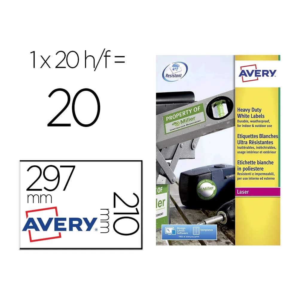 Avery Etiqueta adhesiva avery poliester blanca 210x297 mm resistente laser pack de 20 unidades