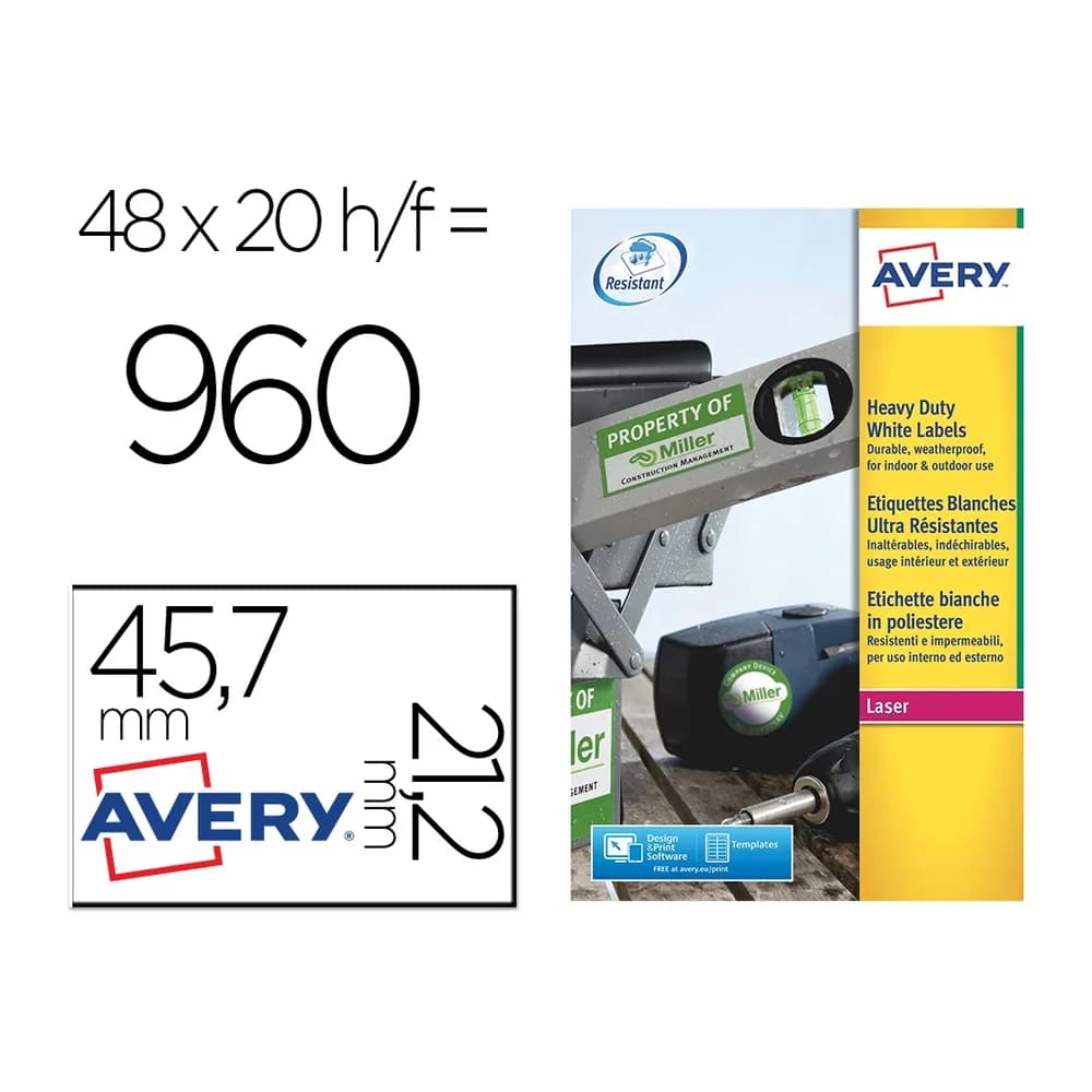 Avery Etiqueta adhesiva resistente avery poliester plata 1,2 mm 45,7x21,2 mm laser pack de 960unidades