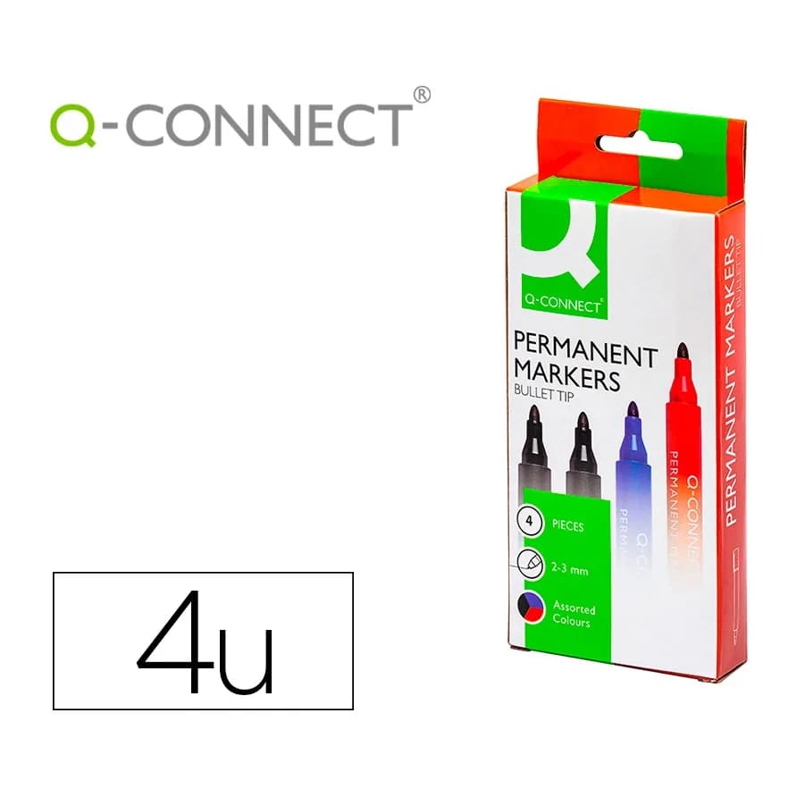 Q-connect Rotulador q-connect marcador permanente estuche de 4 colores surtidos punta redonda 3 mm