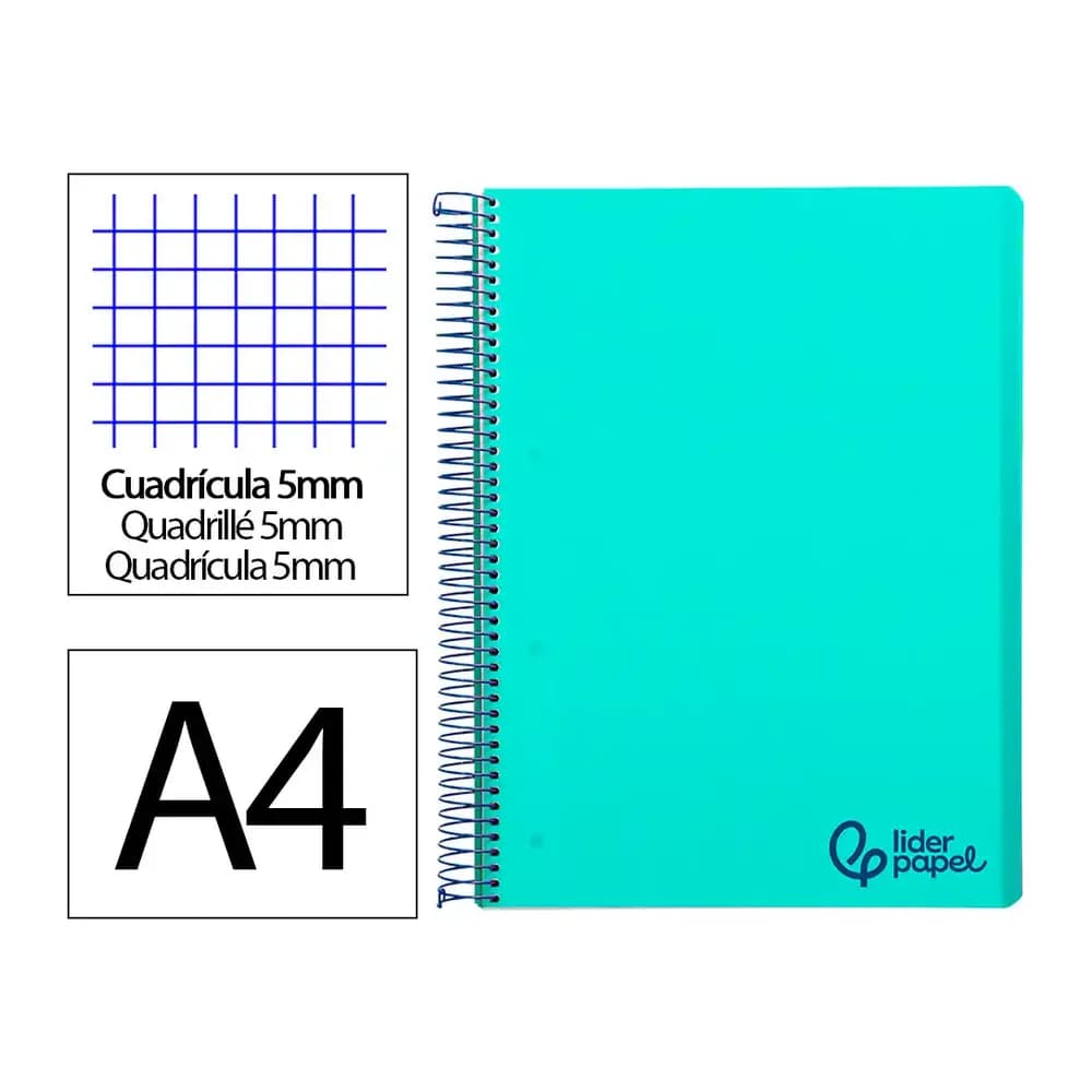 Liderpapel Cuaderno espiral liderpapel a4 micro wonder tapa plastico 120h 90gr cuadro 5mm 5 banda 4 taladro color verde turquesa