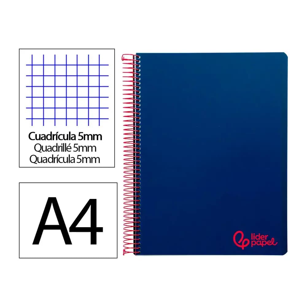 Liderpapel Cuaderno espiral liderpapel a4 micro wonder tapa plastico 120h 90gr cuadro 5mm 5 banda 4 taladros color azul marino