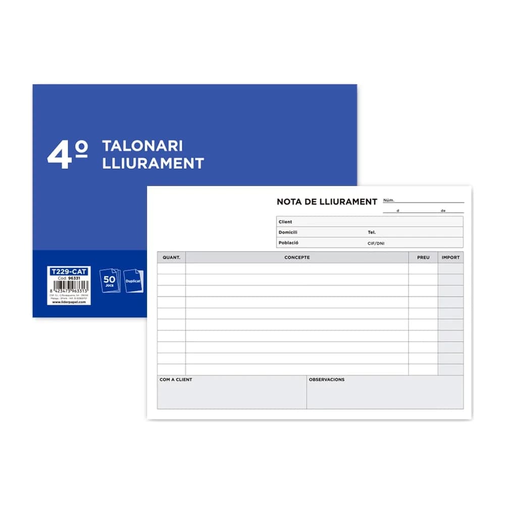 Liderpapel Talonario liderpapel entregas cuarto original y copia t229 apaisado texto en catalan