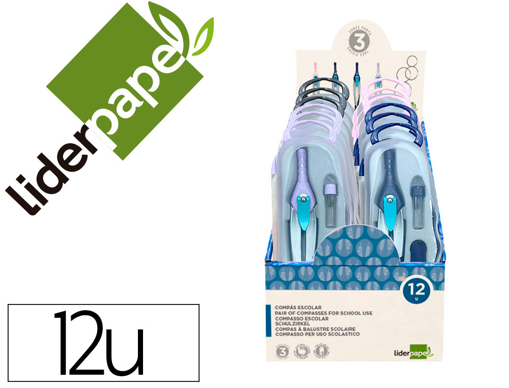 Compas Liderpapel Lock Device con Adaptador Universal y Tubo de Minas Expositor con 12 Unidades Colores Surtidos