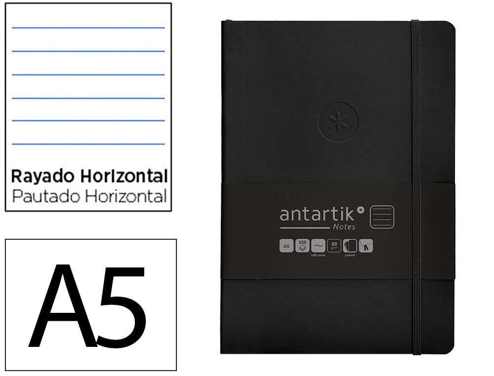 Cuaderno con Gomilla Antartik Notes Tapa Blanda A5 Hojas Rayas Negro 80 Hojas 80 gr Fsc