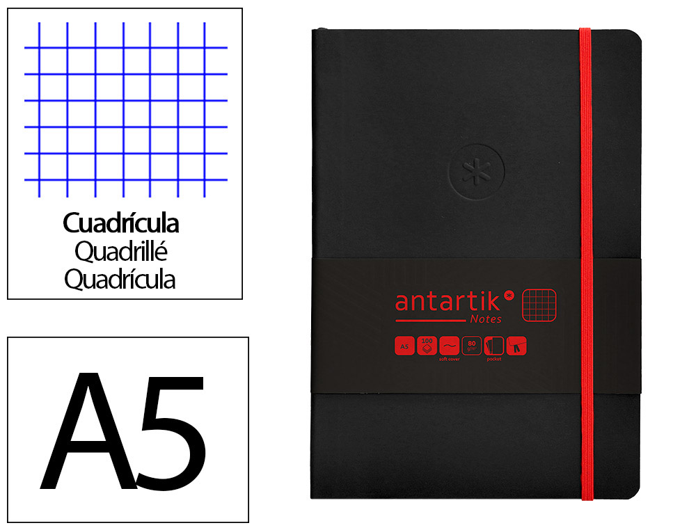 Cuaderno con Gomilla Antartik Notes Tapa Blanda A5 Hojas Cuadricula Negro y Rojo 80 Hojas 80 gr Fsc