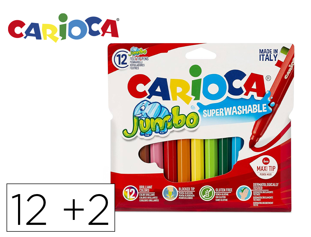 Rotulador Carioca Jumbo Punta Gruesa Estuche de 12 Unidades Colores Surtidos + 2 Gratis