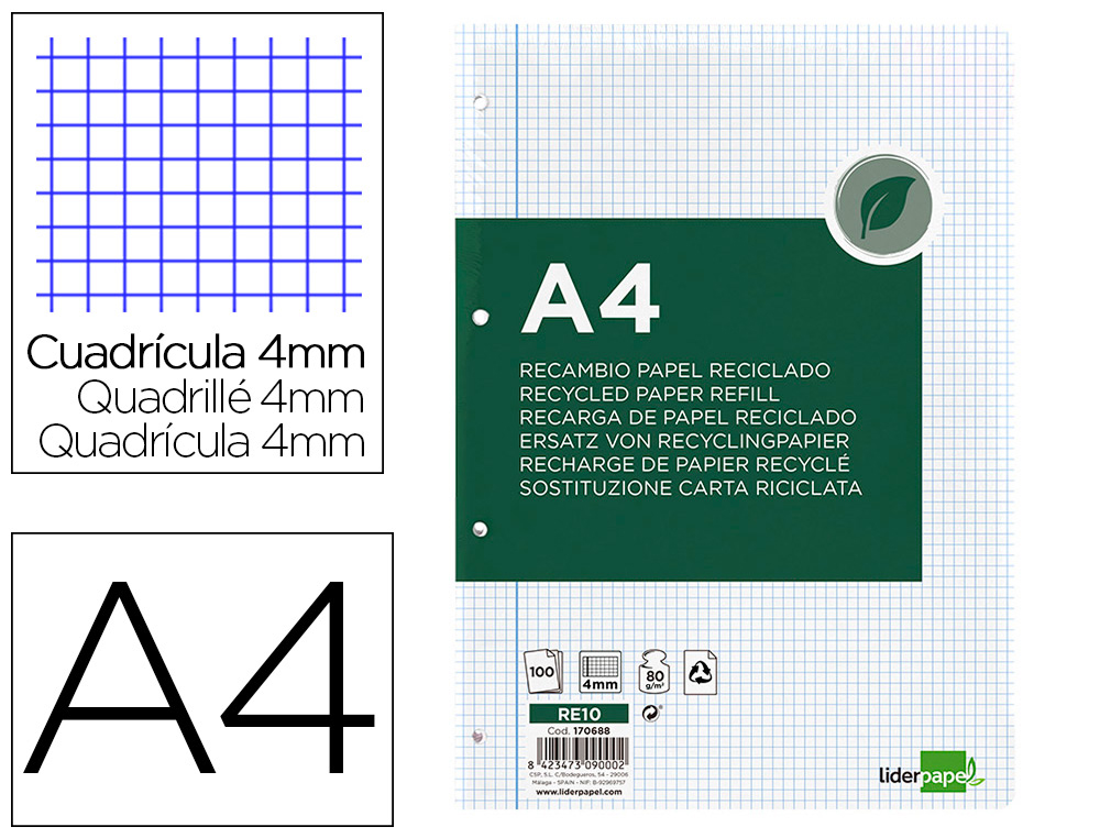 Recambio Liderpapel A4 100 Hojas Papel Reciclado 100% 80gr Cuadro 4mm con Margen 4 Taladros
