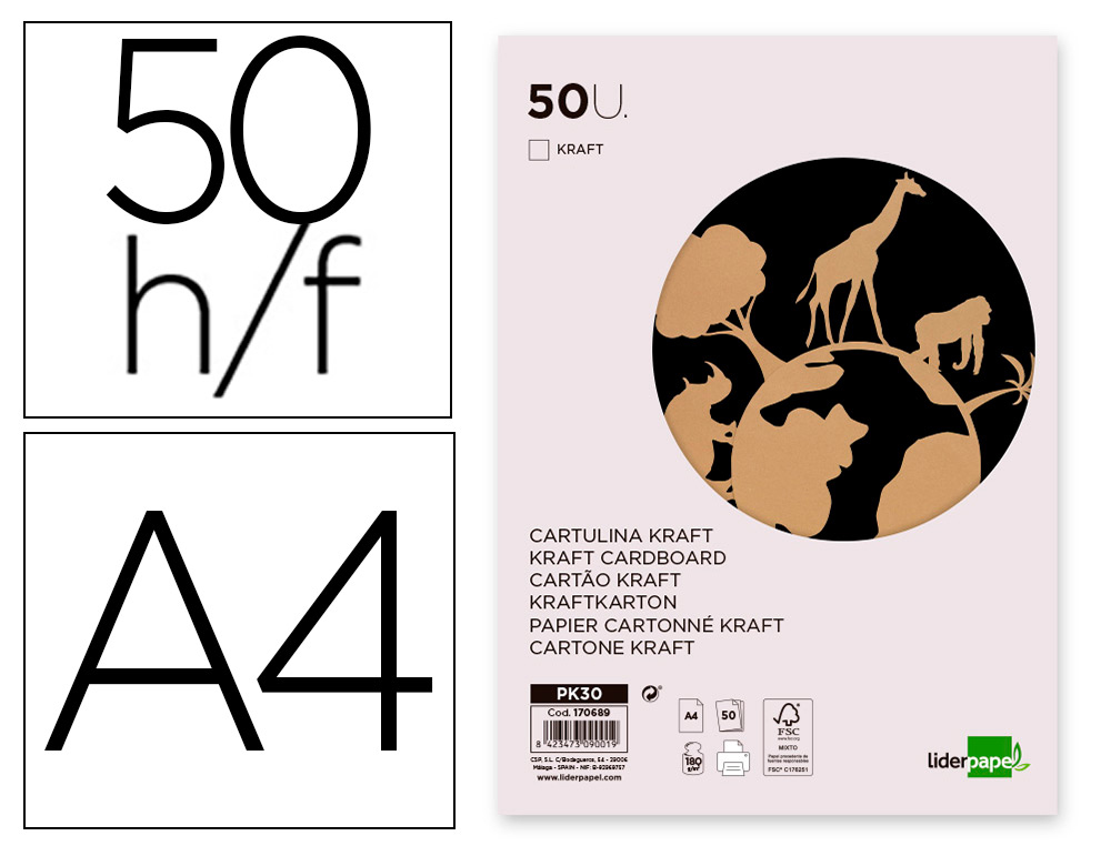 Cartulina Kraft Liderpapel A4 180g/m2 Paquete de 50 Hojas