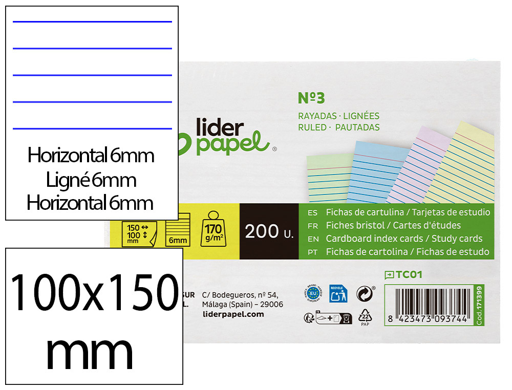 Tarjeta liderpapel para estudiar rayada cartulina de colores 170gr 100x150mm paquete de 200 unidades