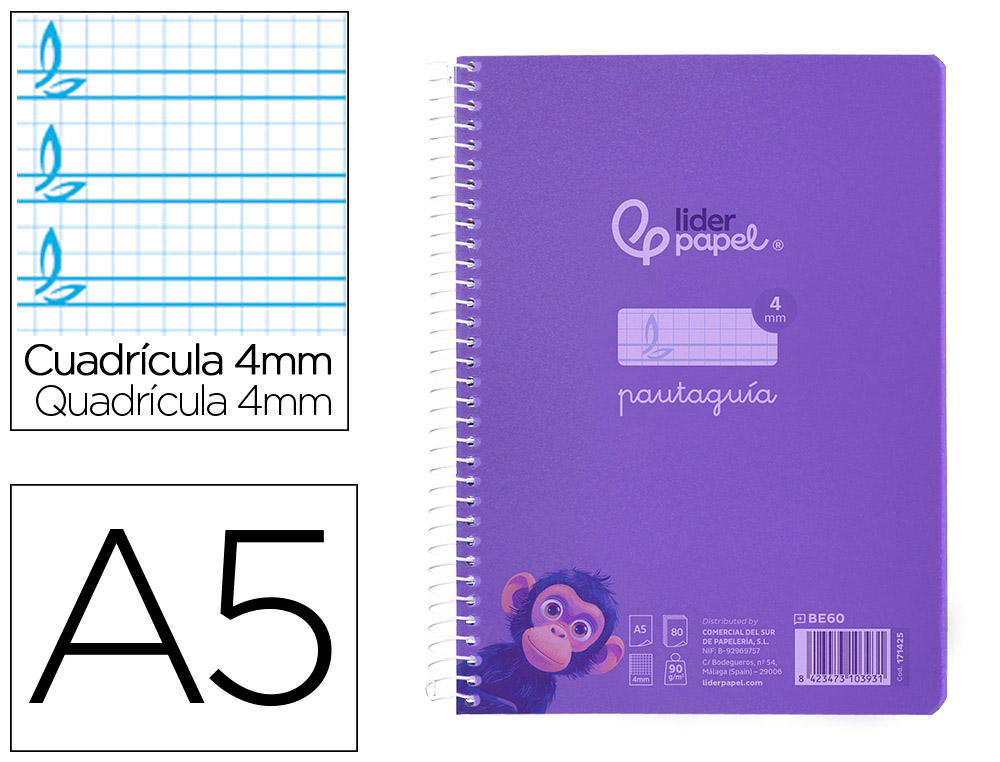 Cuaderno Espiral Liderpapel A5 Pautaguia Tapa Plastico 80h 90gr Cuadro Pautado 4 mm con Margen Color Lila
