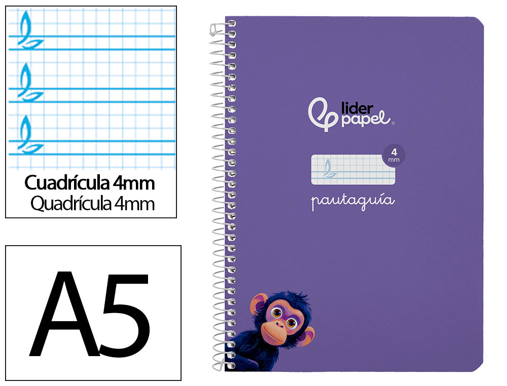 Cuaderno Espiral Liderpapel A5 Pautaguia Tapa Blanda 40h 75gr Cuadro Pautado 4mm Color Lila