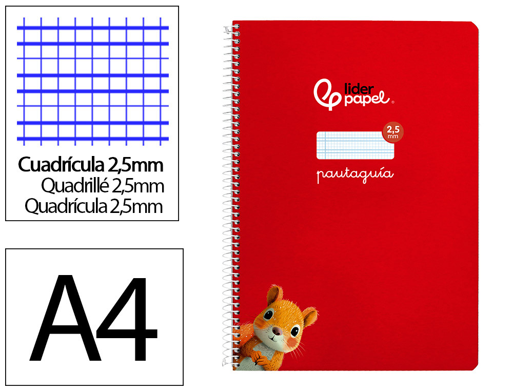 Cuaderno Espiral Liderpapel A4 Pautaguia Tapa Dura 80h 90 gr Cuadro Pautado 2,5mm Color Rojo