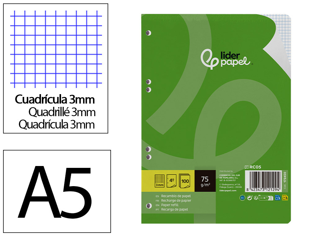 Recambio Liderpapel A5 100 Hojas 75gr Cuadro 3mm con Margen 6 Taladros