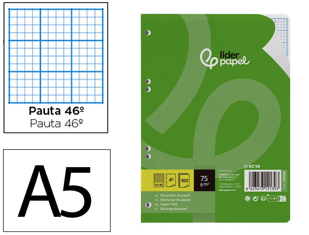 Recambio Liderpapel DIN A5 100 Hojas 75gr Rayado nº 46 6 Taladros