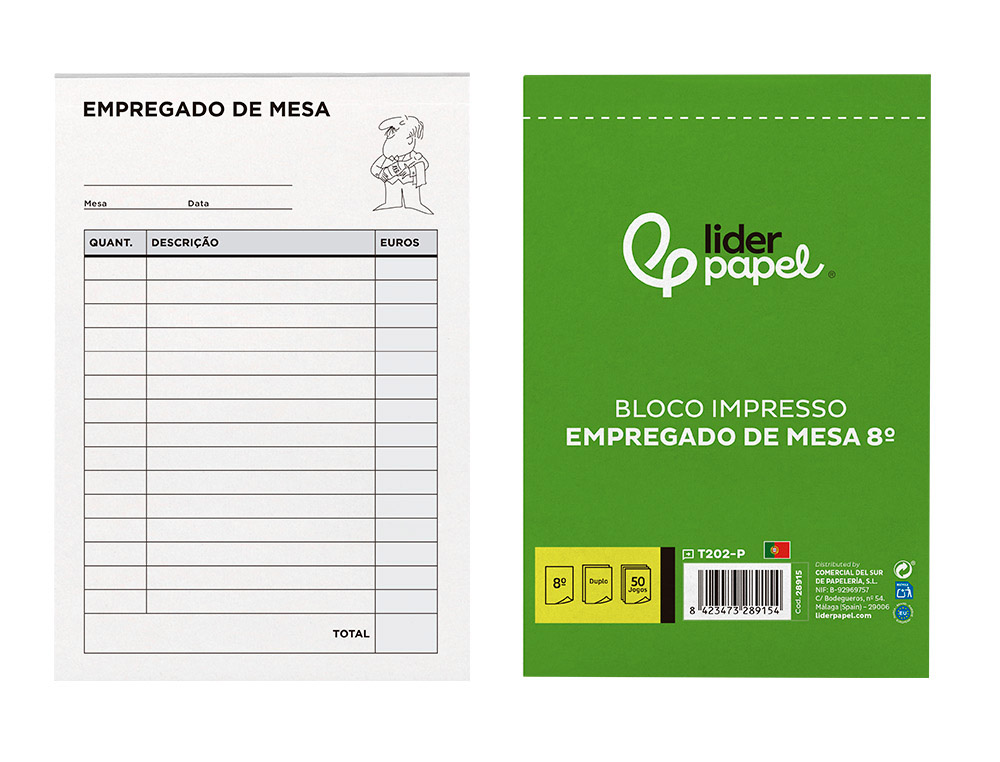 Talonario Liderpapel Camarero Octavo sin IVA 202 Duplicado Texto en Portugues